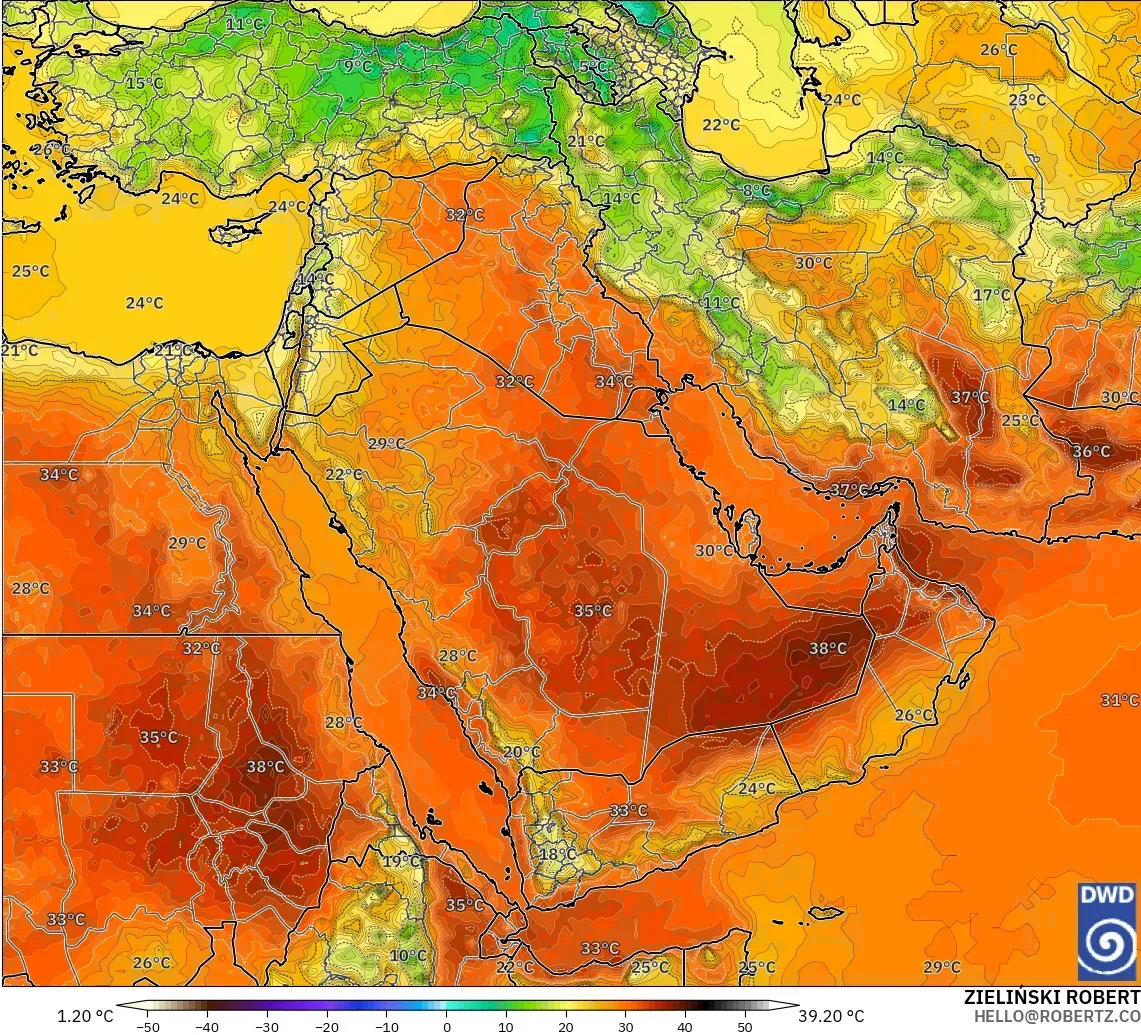 ICON modelo - Oriente Medio, Temperatura a 2 m