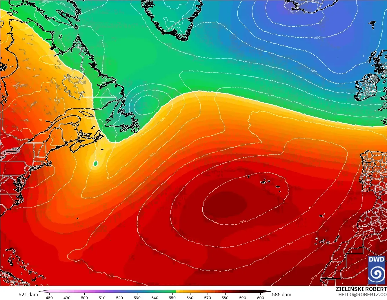 ICON modelo - Norte Atlántico, Altura geopotencial a 500 hPa