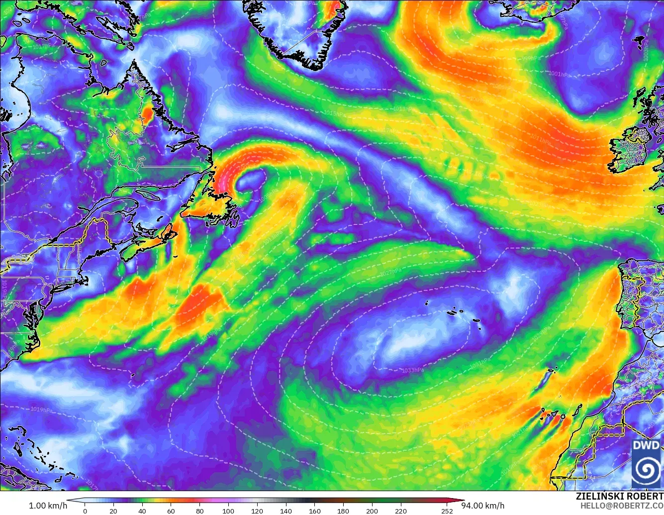 ICON modelo - Norte Atlántico, Ráfagas de Viento Máximas