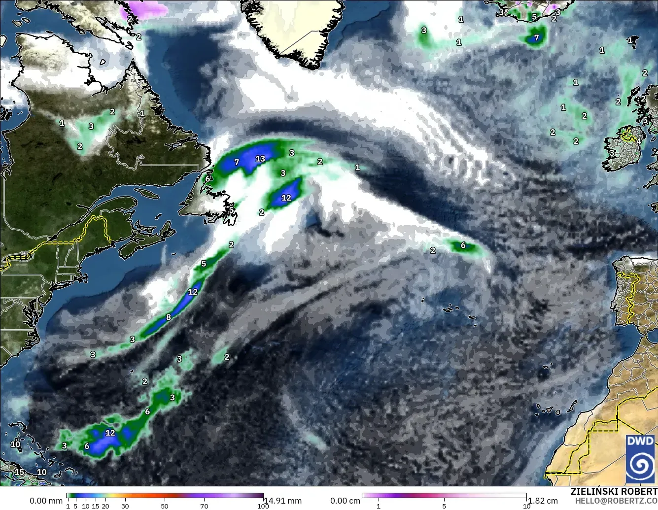 ICON modelo - Norte Atlántico, Precipitación, nubes y presión
