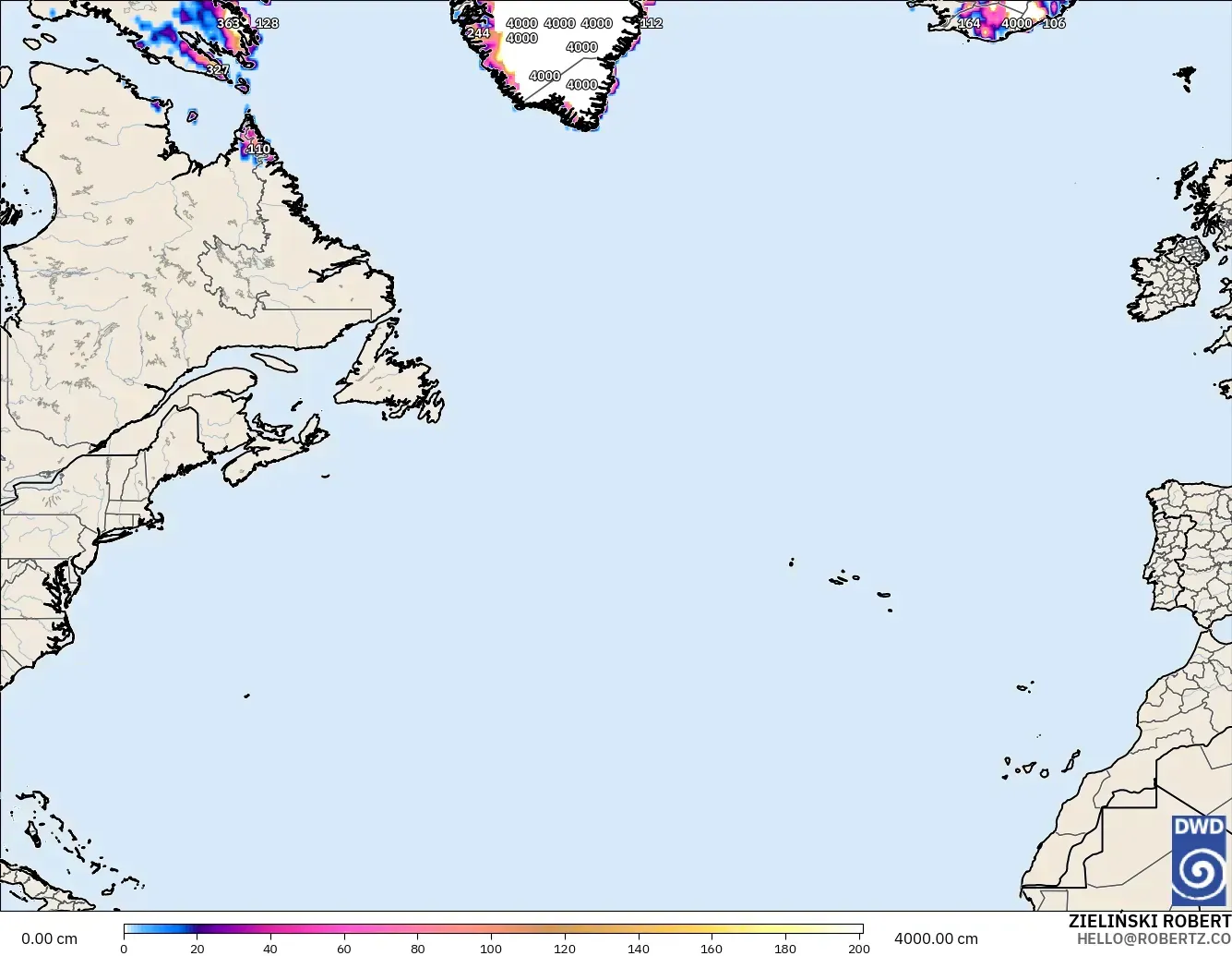 ICON modelo - Norte Atlántico, Profundidad de nieve