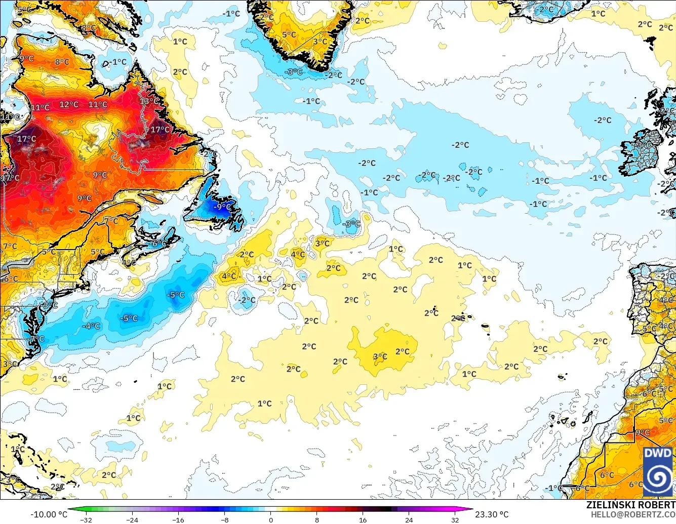 ICON modelo - Norte Atlántico, Anomalía de temperatura a 2 m