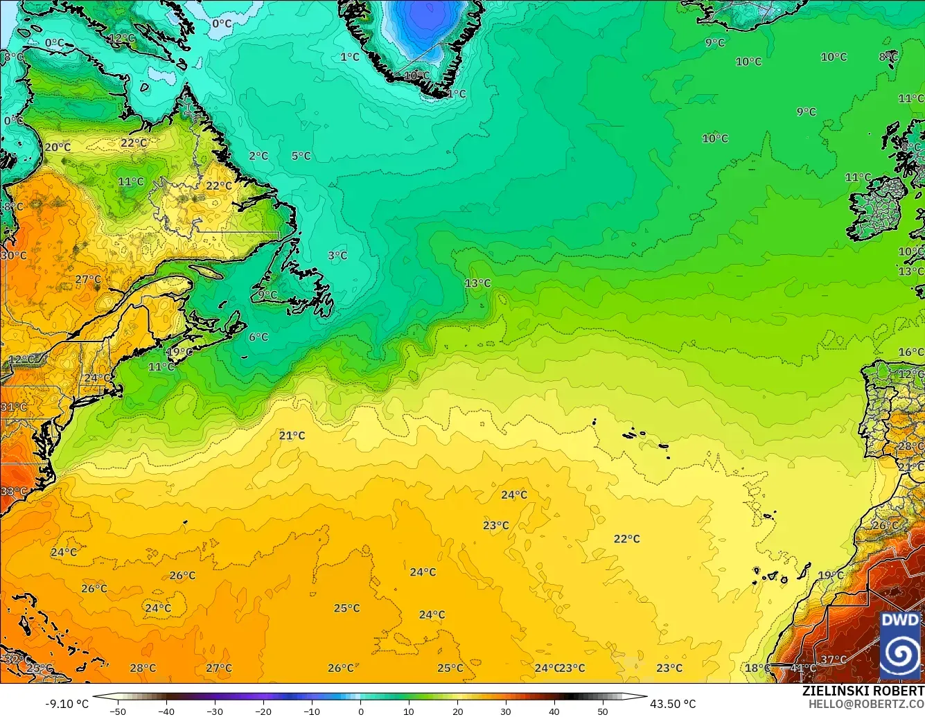 ICON modelo - Norte Atlántico, Temperatura a 2 m