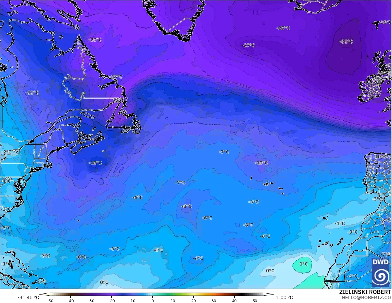 ICON modelo - Norte Atlántico, Temperatura a 500 hPa
