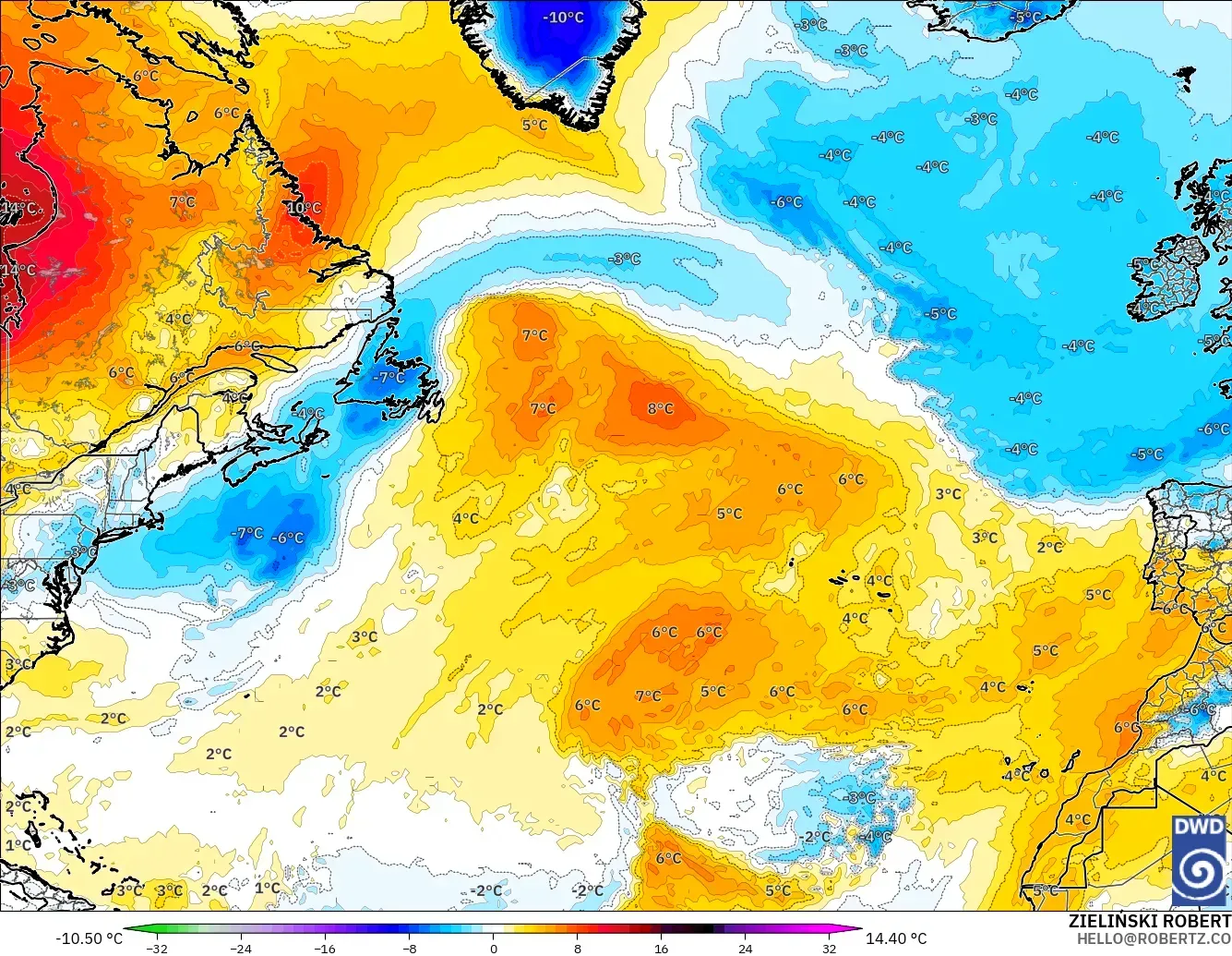 ICON modelo - Norte Atlántico, Anomalía de temperatura a 850 hPa