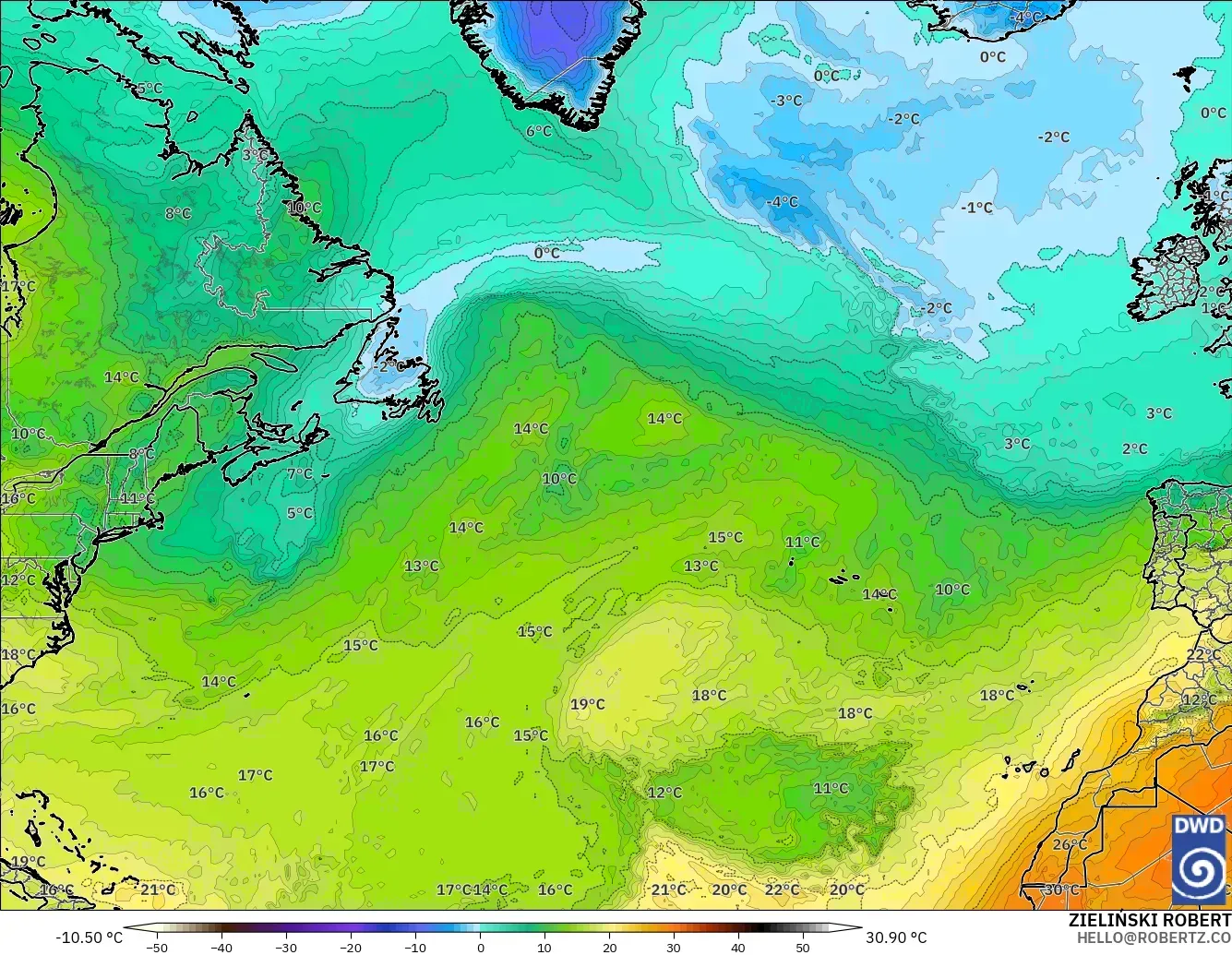 ICON modelo - Norte Atlántico, Temperatura a 850 hPa