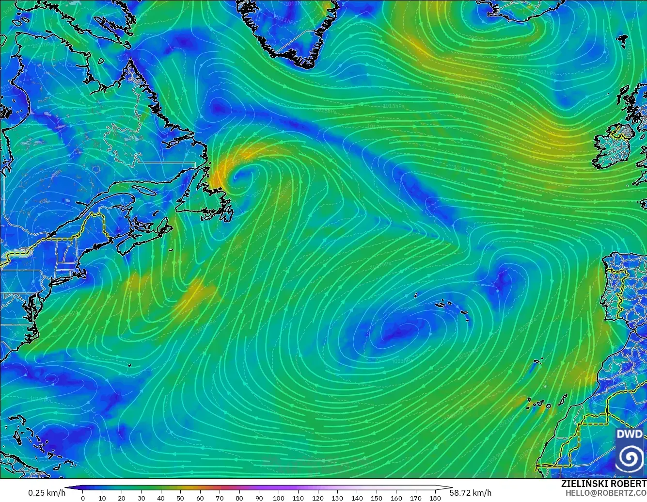 ICON modelo - Norte Atlántico, Viento a 10 m