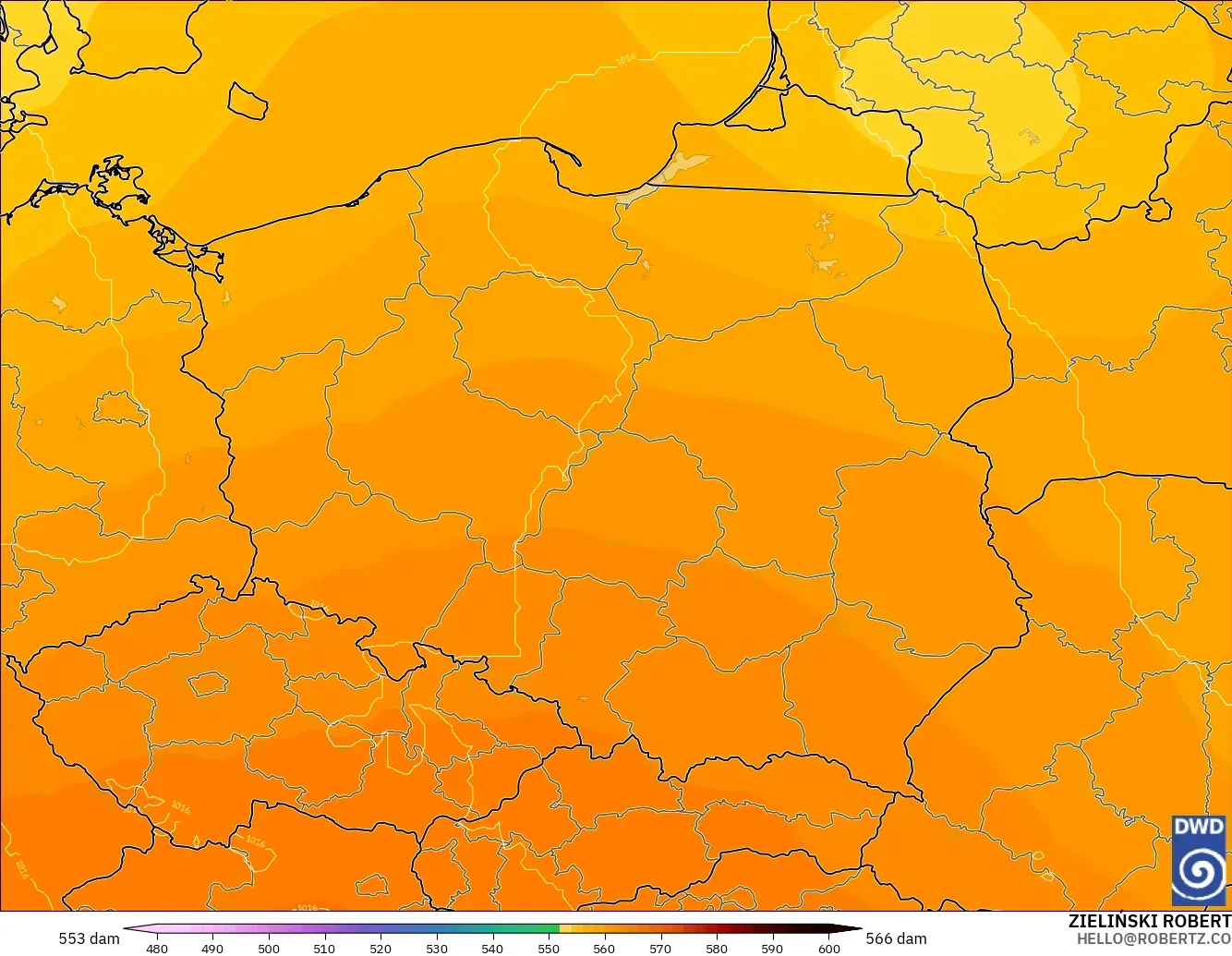 ICON modelo - Polonia, Altura geopotencial a 500 hPa