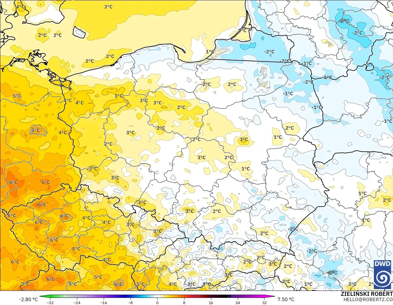 ICON modelo - Polonia, Anomalía de temperatura a 2 m