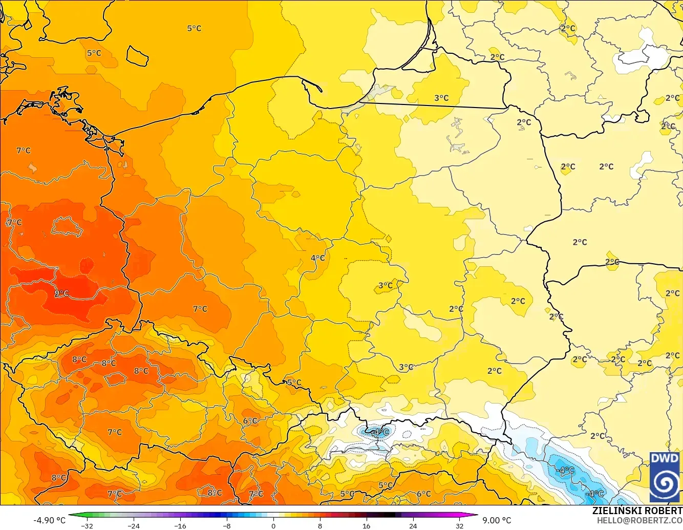 ICON modelo - Polonia, Anomalía de temperatura a 850 hPa