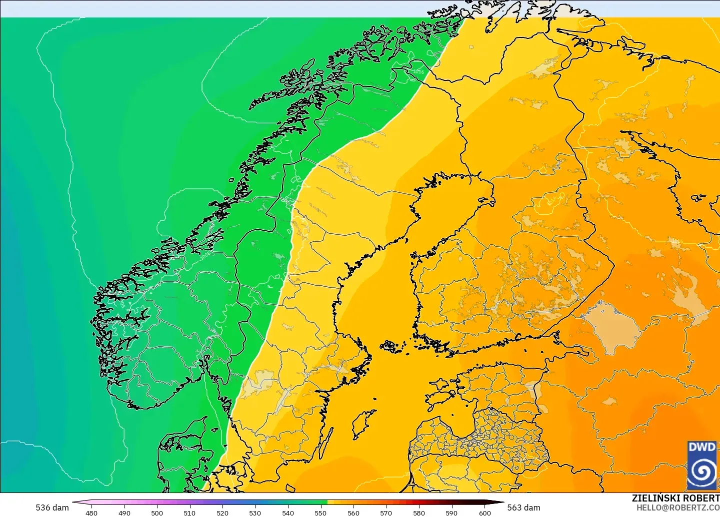 ICON modelo - Escandinavia, Altura geopotencial a 500 hPa