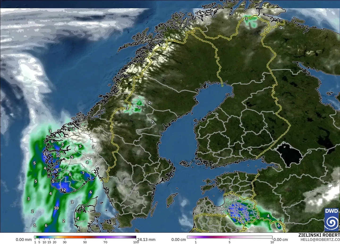 ICON modelo - Escandinavia, Precipitación, nubes y presión