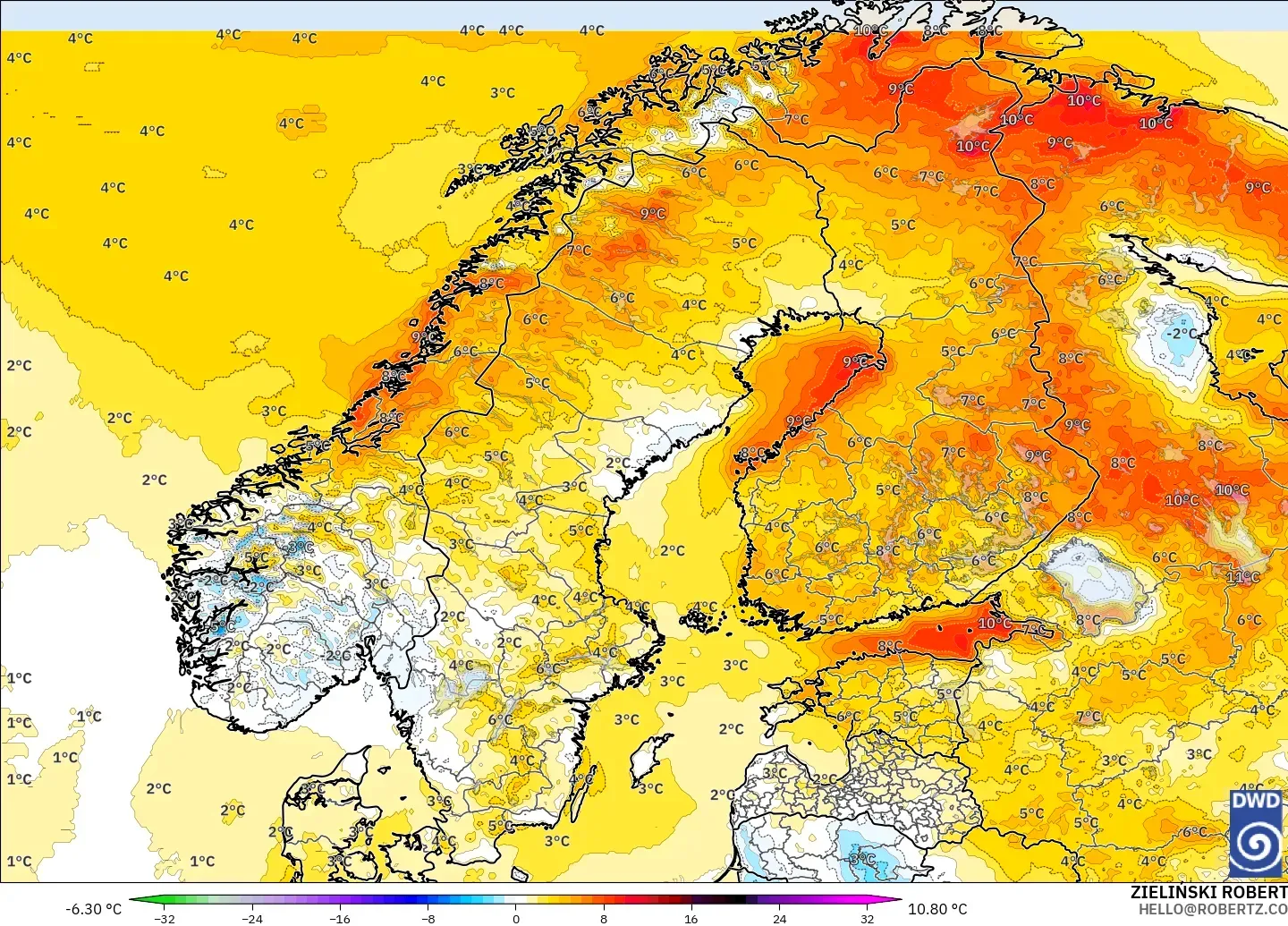 ICON modelo - Escandinavia, Anomalía de temperatura a 2 m