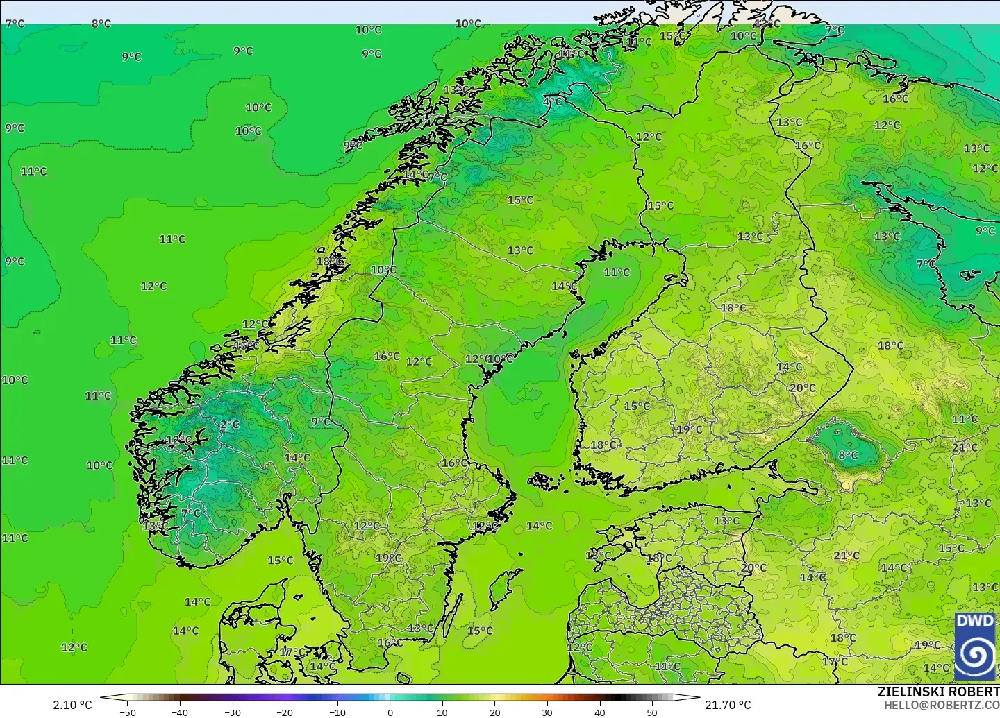 ICON modelo - Escandinavia, Temperatura a 2 m