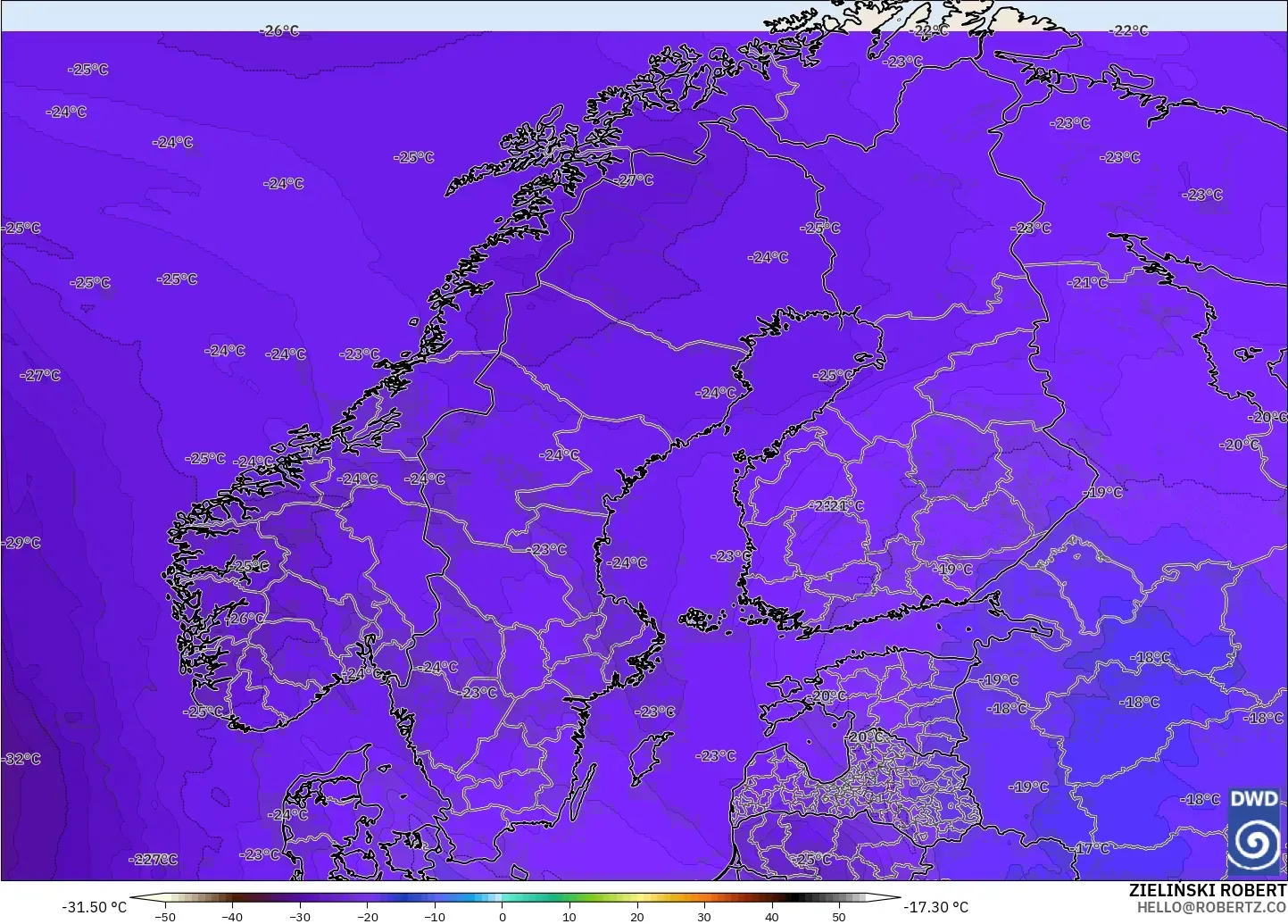 ICON modelo - Escandinavia, Temperatura a 500 hPa