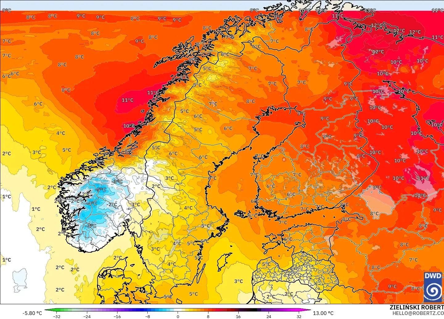 ICON modelo - Escandinavia, Anomalía de temperatura a 850 hPa