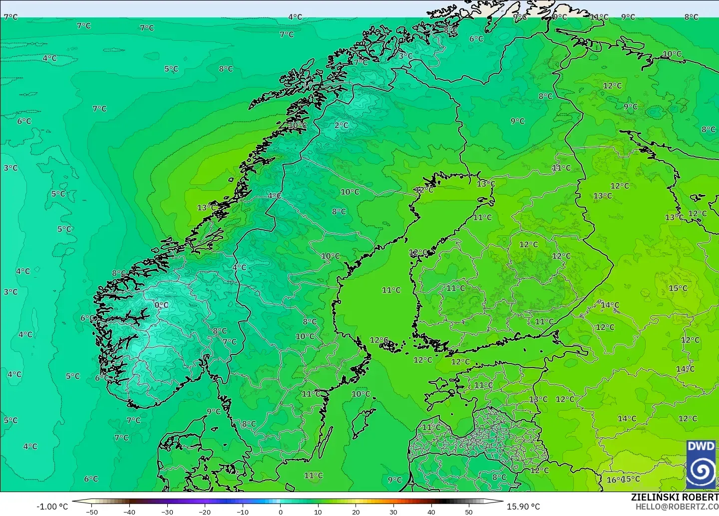 ICON modelo - Escandinavia, Temperatura a 850 hPa