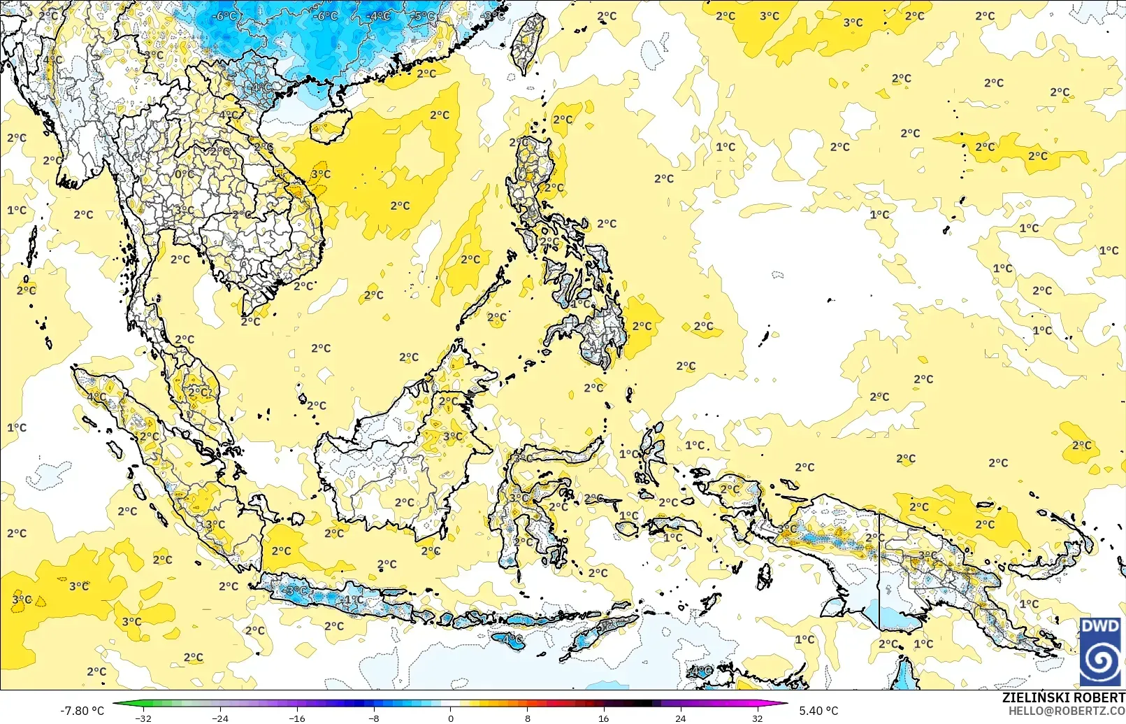 ICON modelo - Sudeste Asiático, Anomalía de temperatura a 2 m