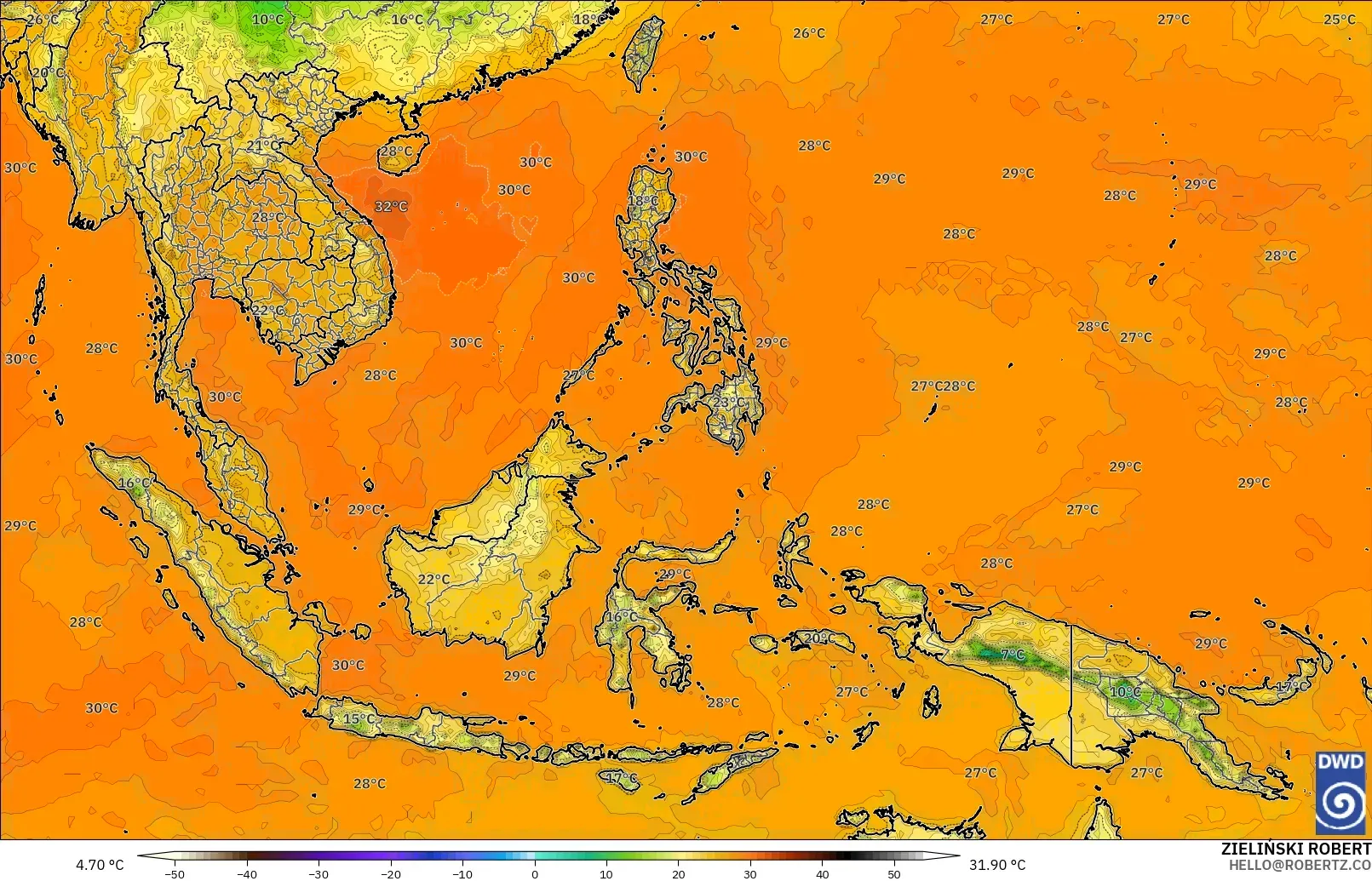 ICON modelo - Sudeste Asiático, Temperatura a 2 m