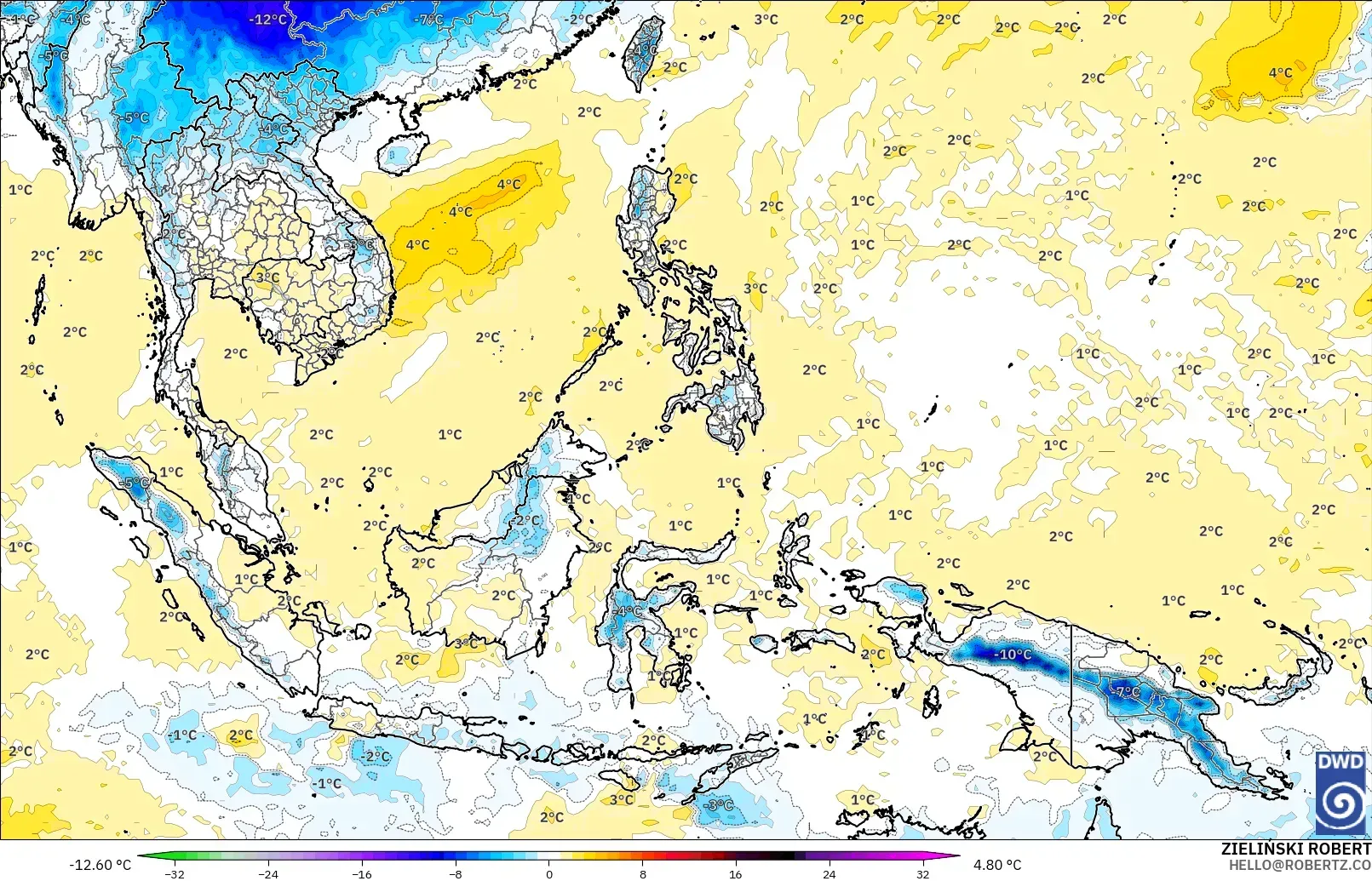 ICON modelo - Sudeste Asiático, Anomalía de temperatura a 850 hPa