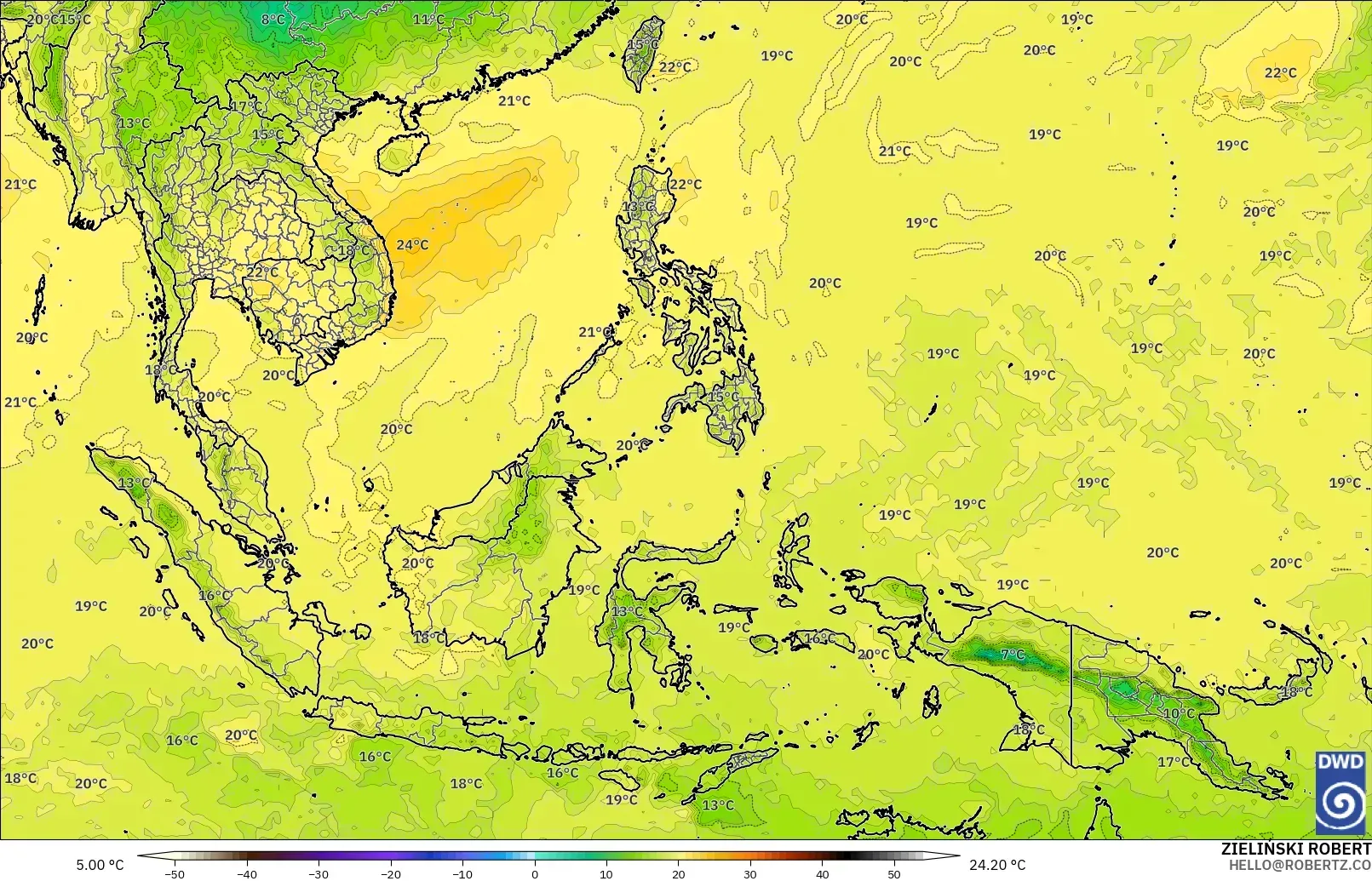ICON modelo - Sudeste Asiático, Temperatura a 850 hPa