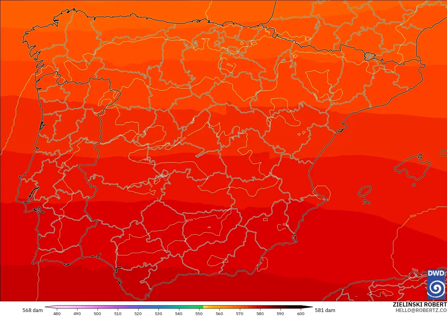 ICON modelo - España, Altura geopotencial a 500 hPa