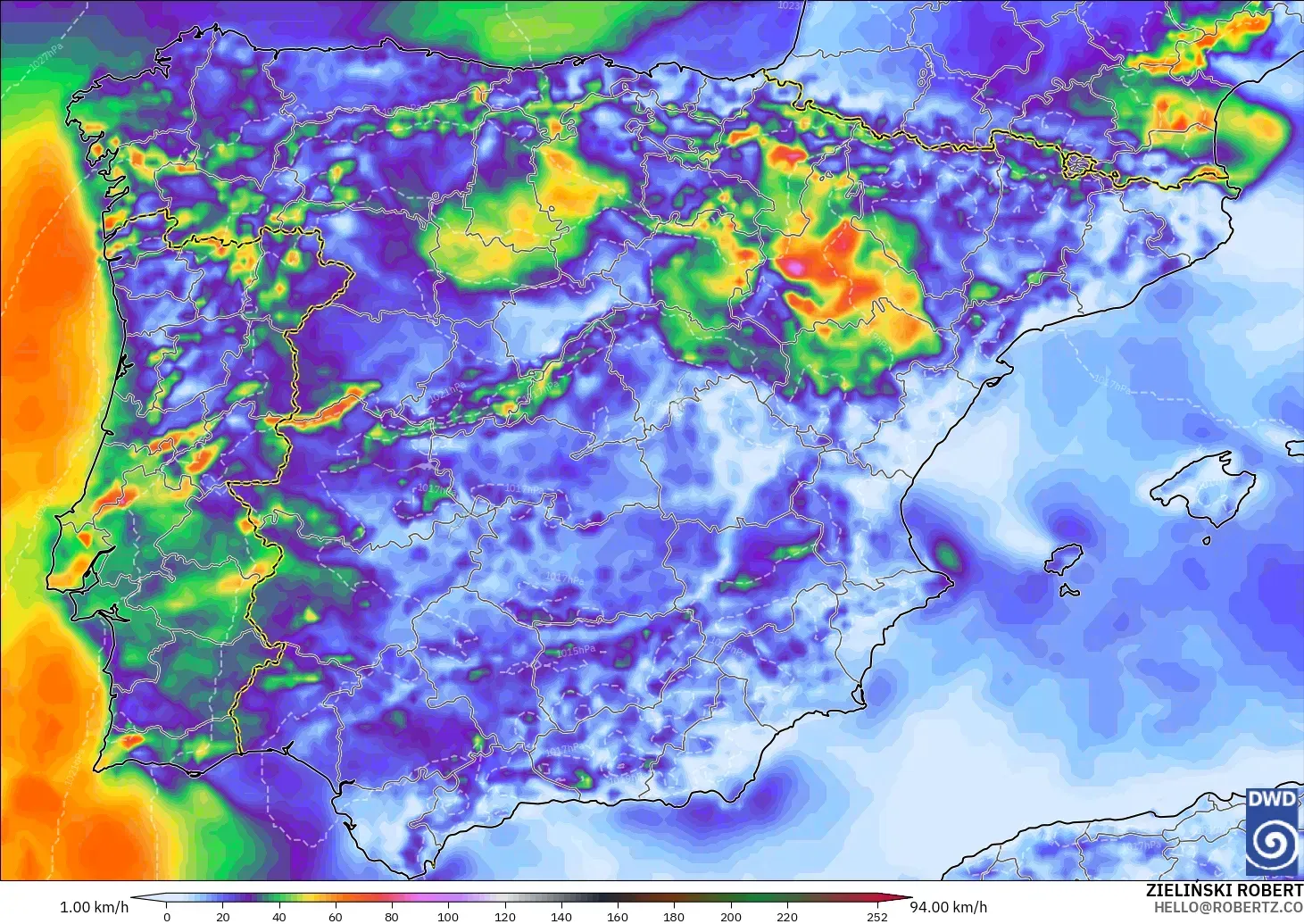 ICON modelo - España, Ráfagas de viento