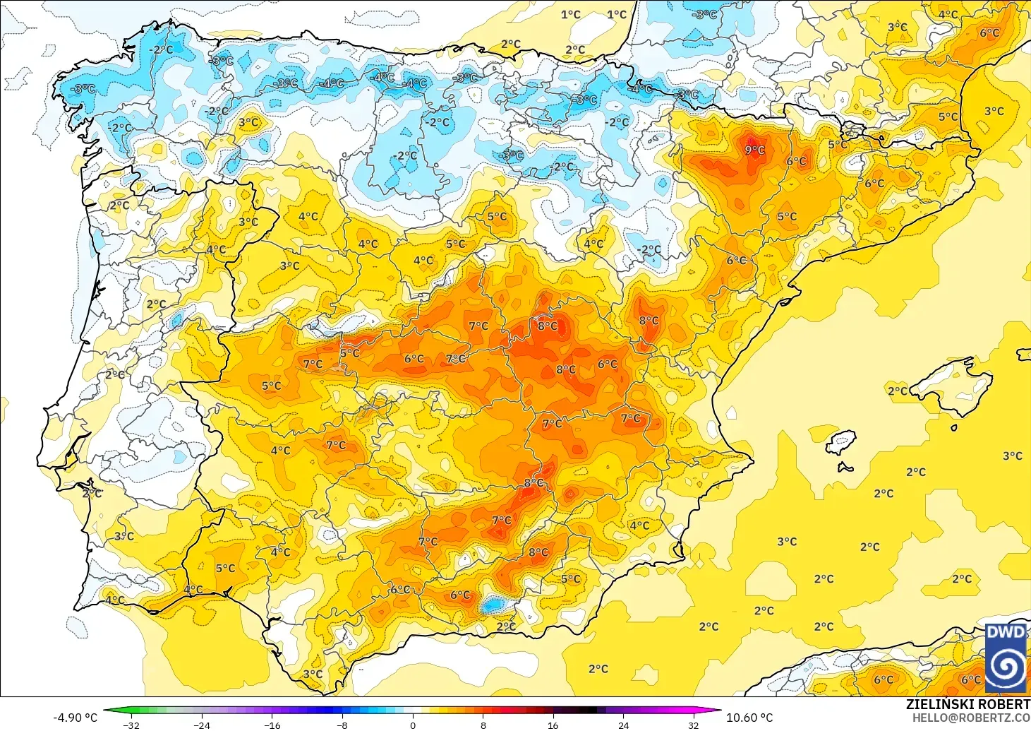 ICON modelo - España, Anomalía de temperatura a 2 m