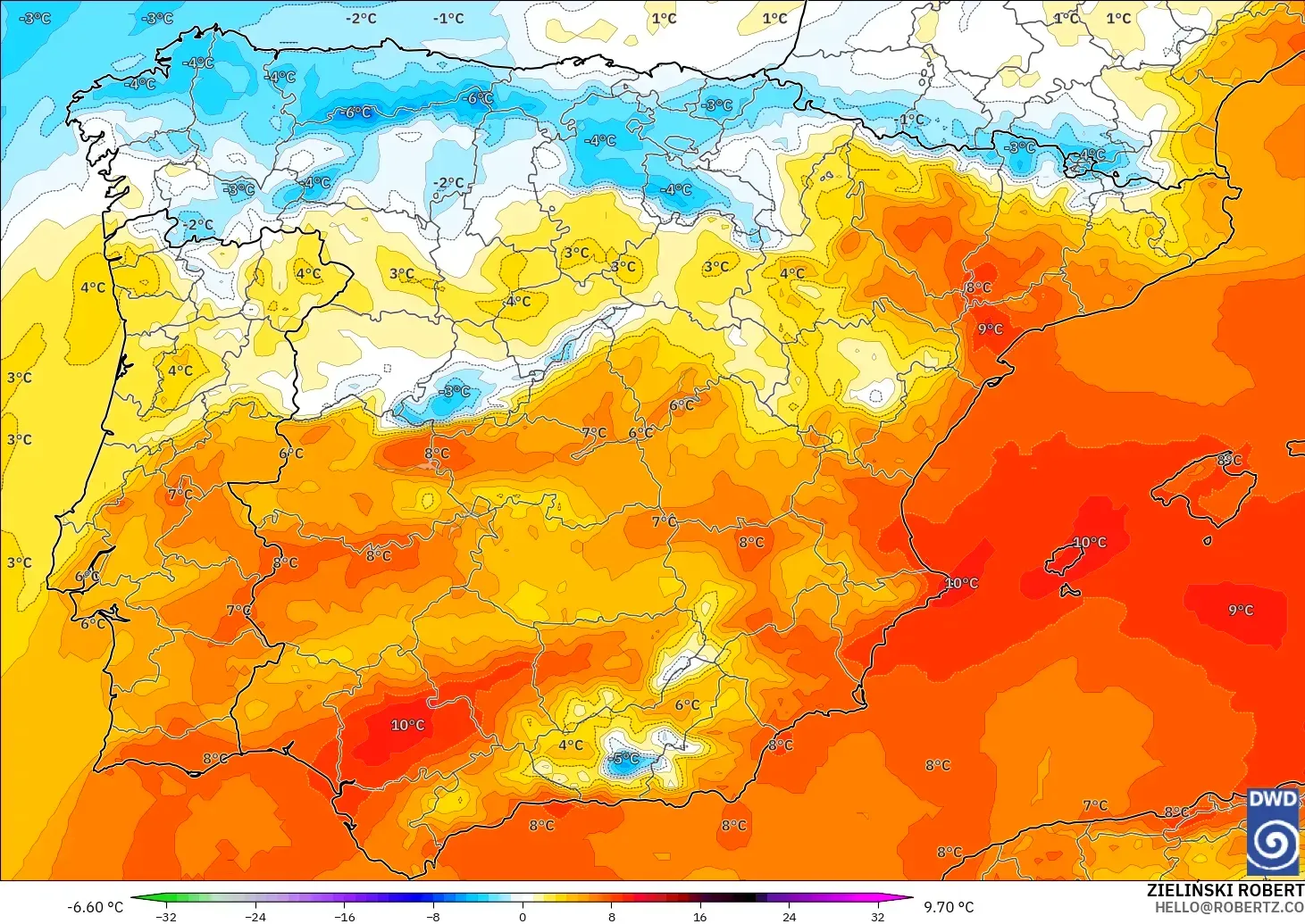 ICON modelo - España, Anomalía de temperatura a 850 hPa