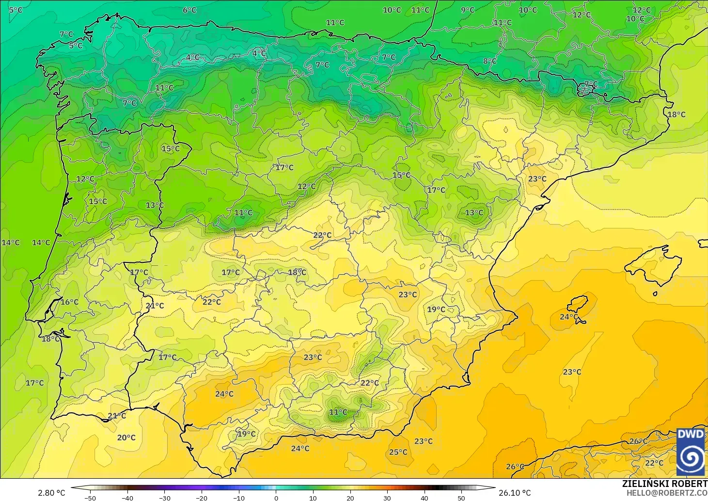 ICON modelo - España, Temperatura a 850 hPa