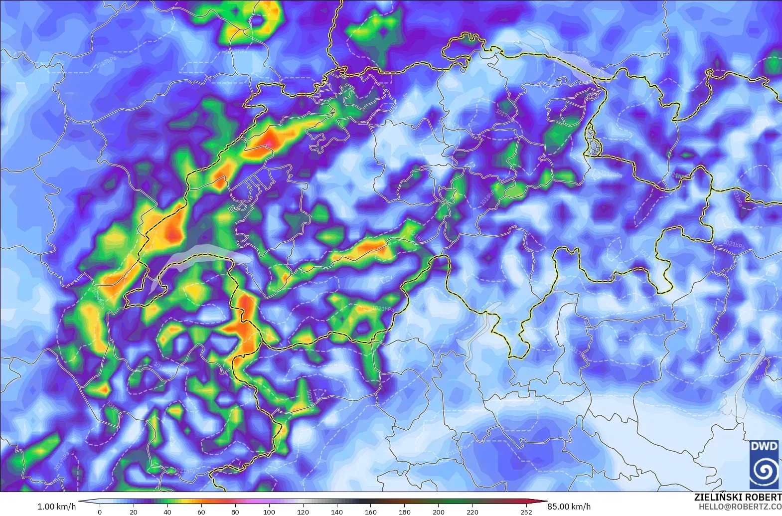 ICON modelo - Suiza, Ráfagas de Viento Máximas