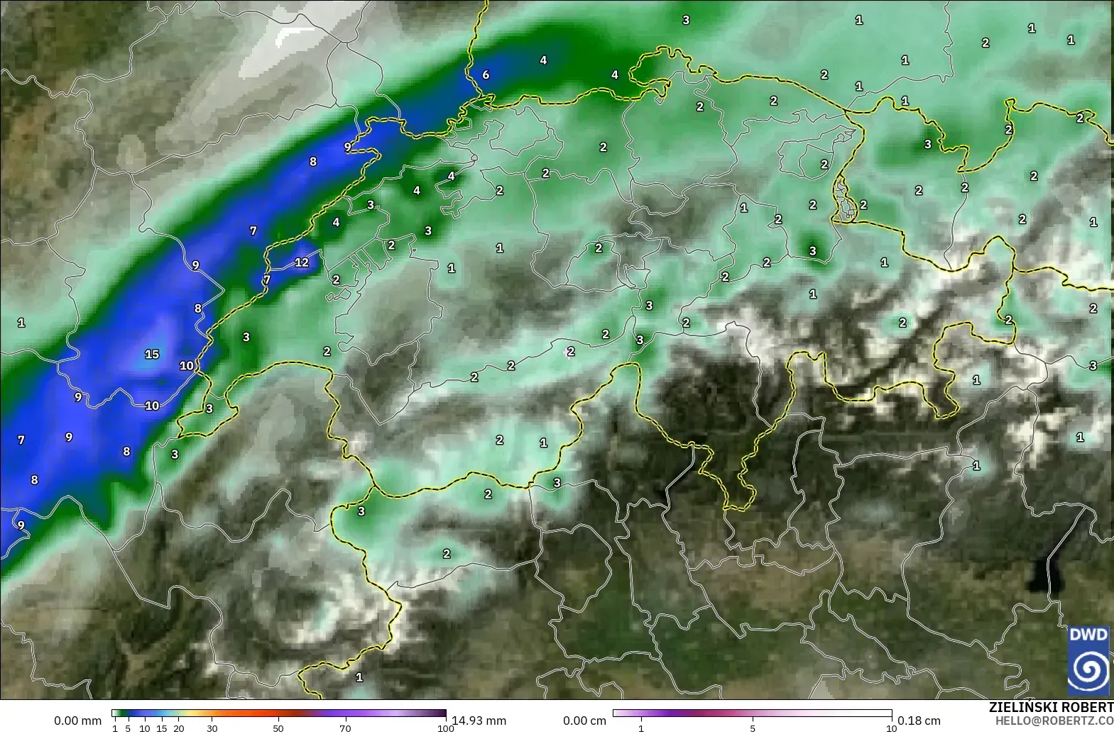 ICON modelo - Suiza, Precipitación, nubes y presión