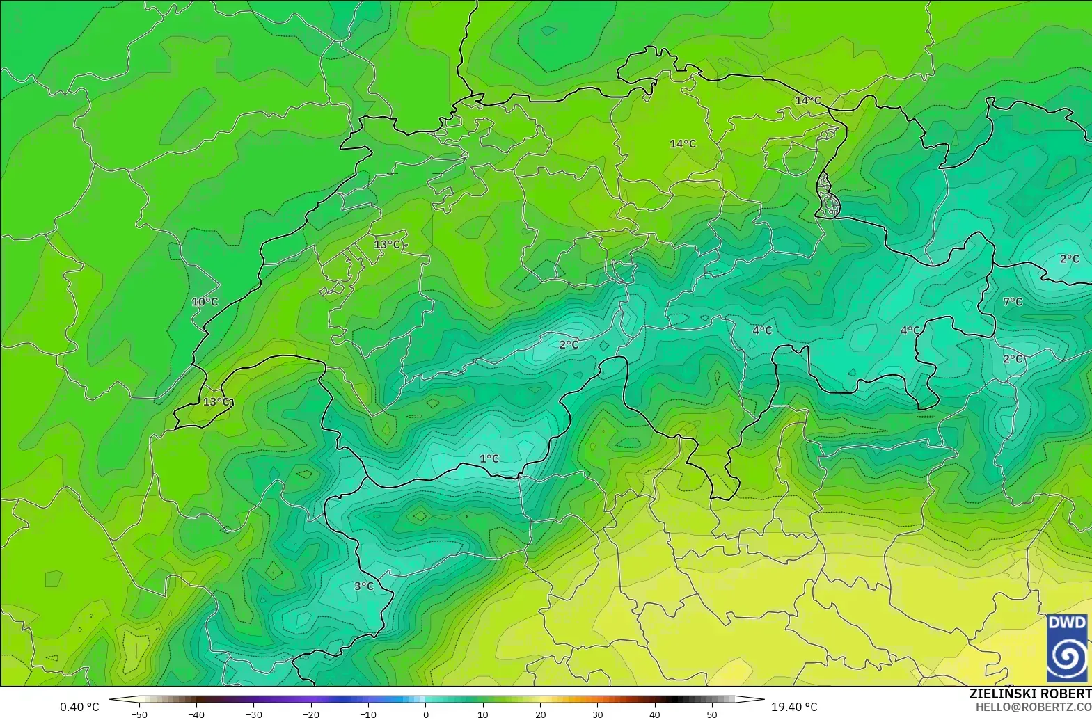 ICON modelo - Suiza, Temperatura a 850 hPa