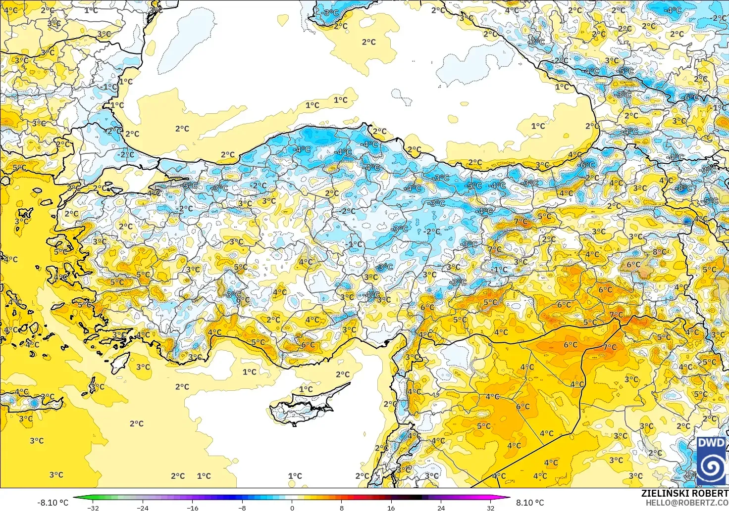 ICON modelo - Turquía, Anomalía de temperatura a 2 m