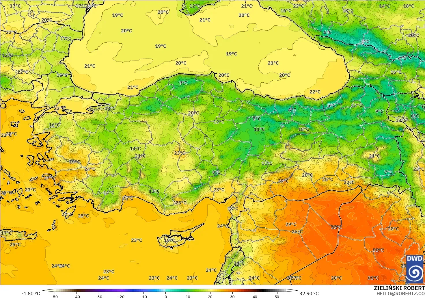 ICON modelo - Turquía, Temperatura a 2 m