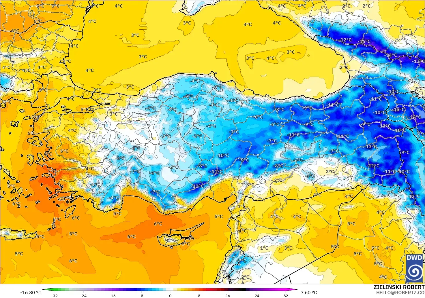 ICON modelo - Turquía, Anomalía de temperatura a 850 hPa