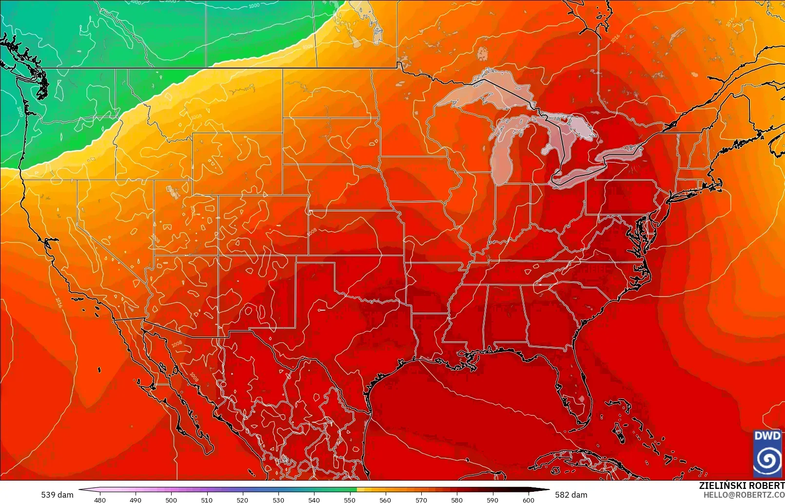 ICON modelo - Estados Unidos, Altura geopotencial a 500 hPa