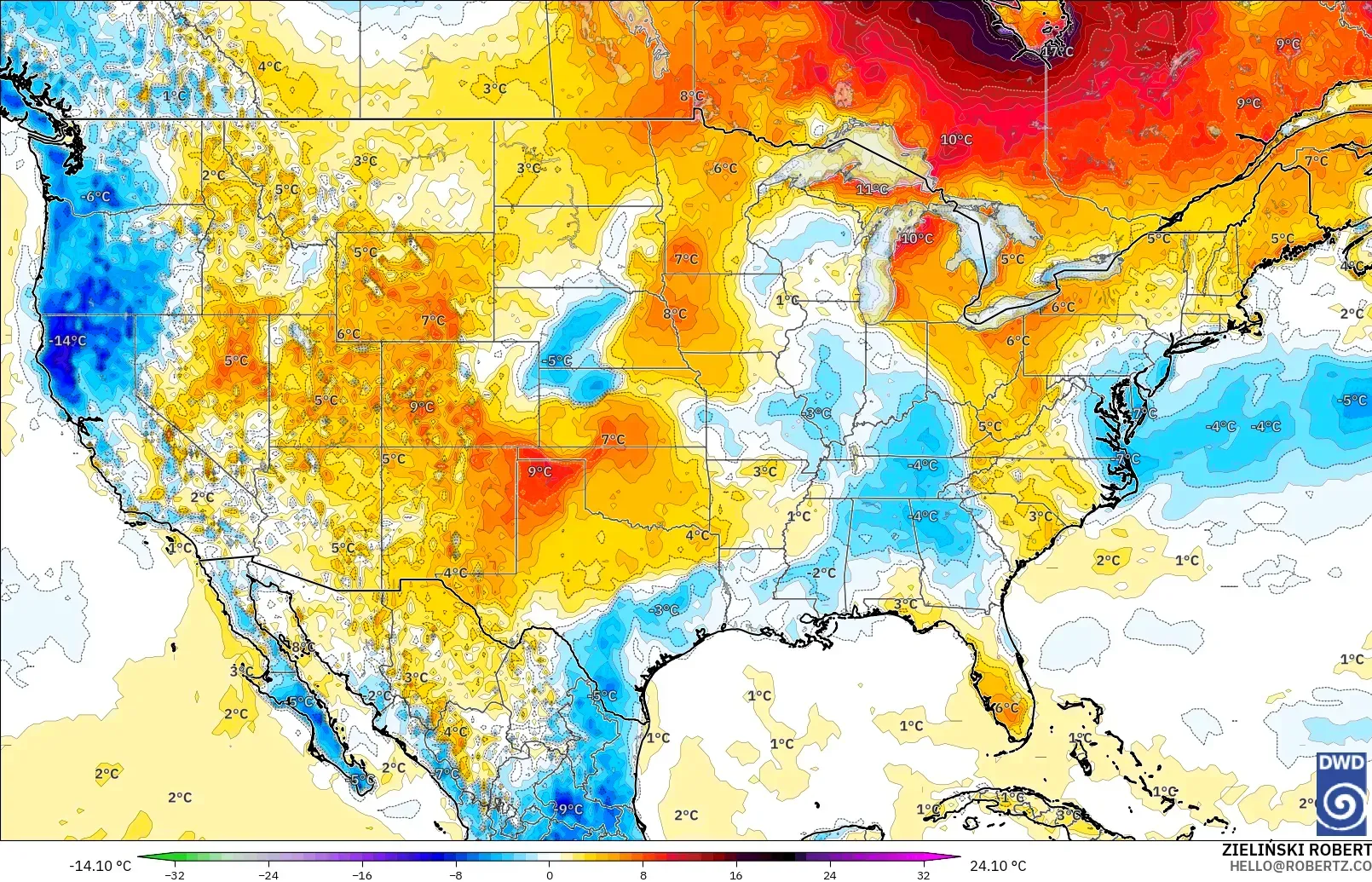 ICON modelo - Estados Unidos, Anomalía de temperatura a 2 m