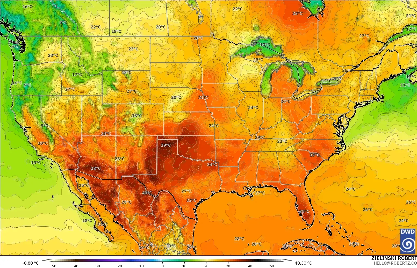 ICON modelo - Estados Unidos, Temperatura a 2 m