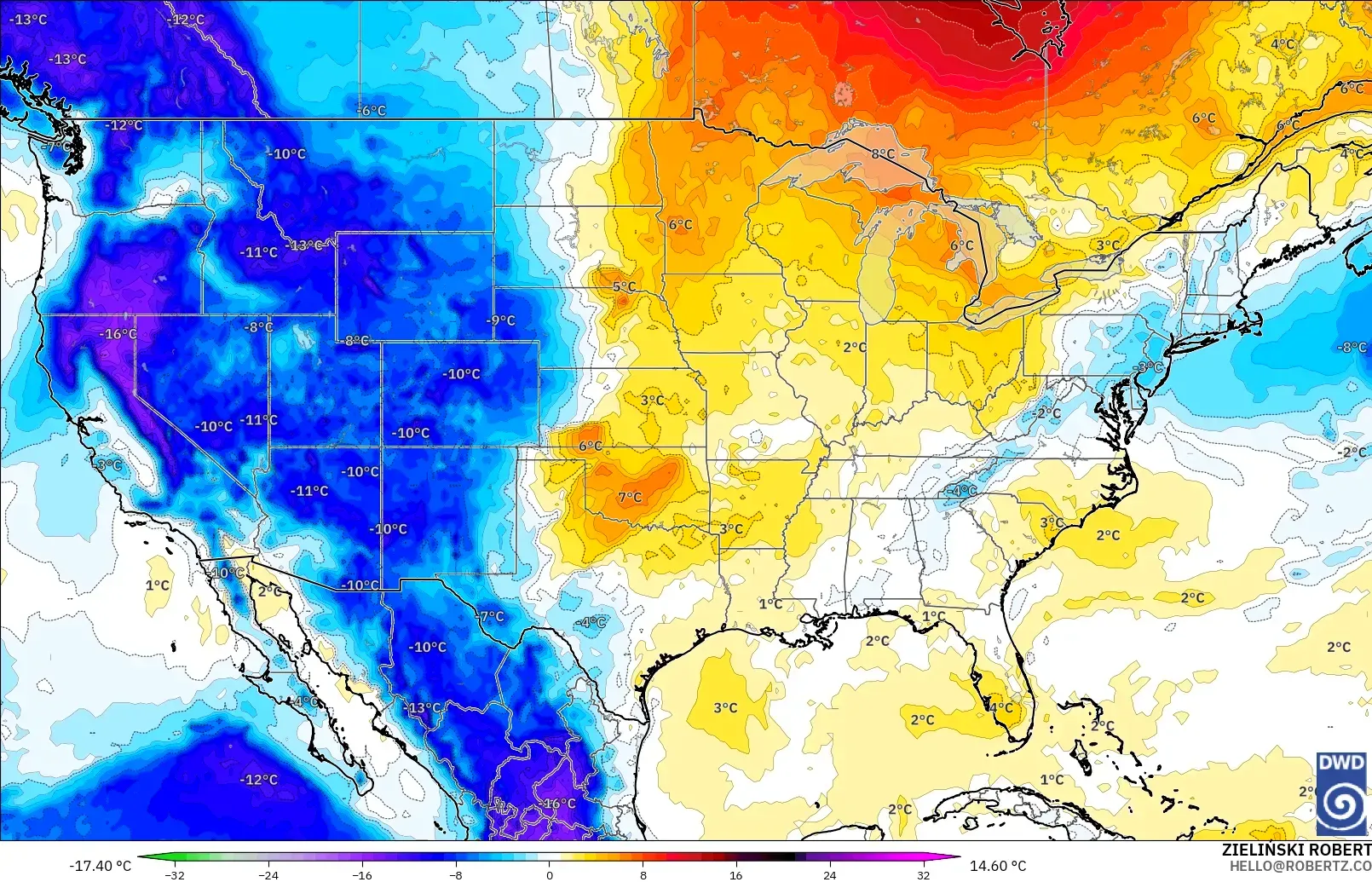ICON modelo - Estados Unidos, Anomalía de temperatura a 850 hPa