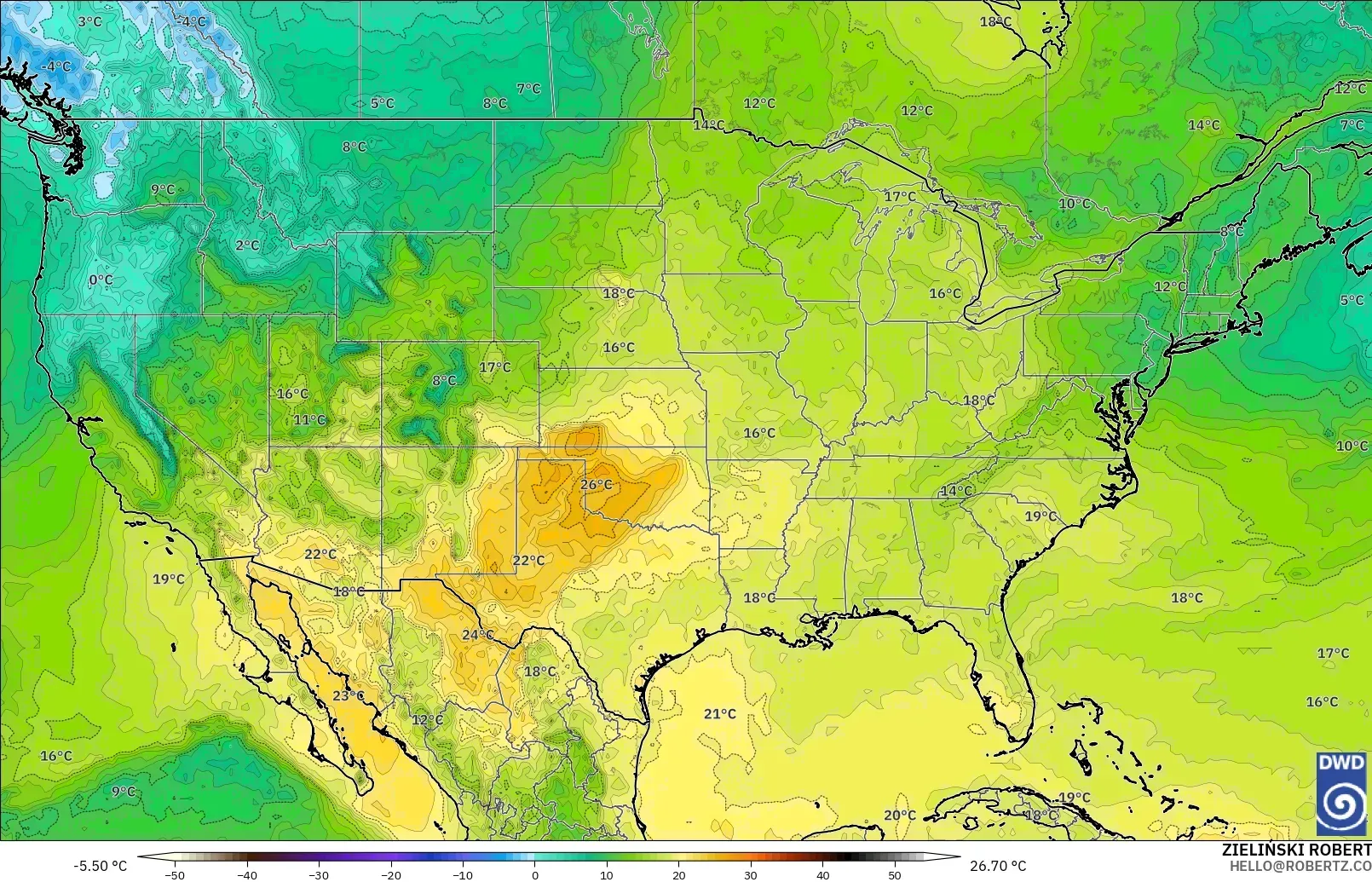 ICON modelo - Estados Unidos, Temperatura a 850 hPa