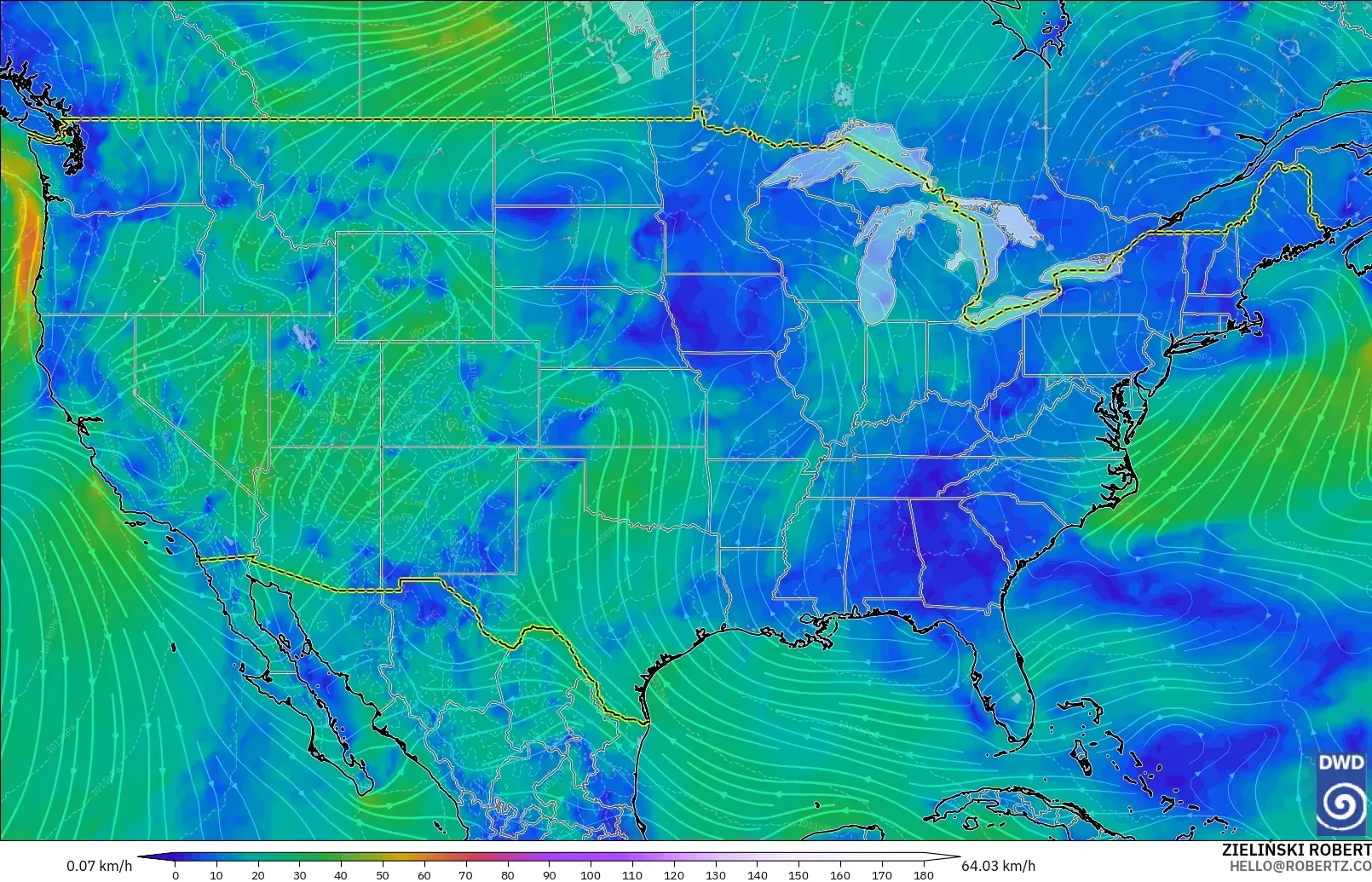 ICON modelo - Estados Unidos, Viento a 10 m