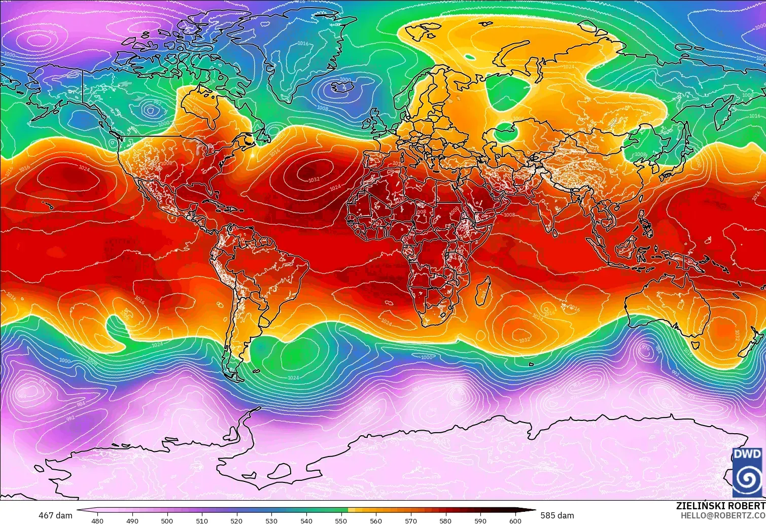 ICON modelo - Mundo, Altura geopotencial a 500 hPa