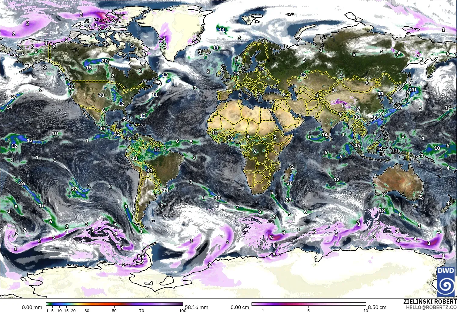 ICON modelo - Mundo, Precipitación, nubes y presión