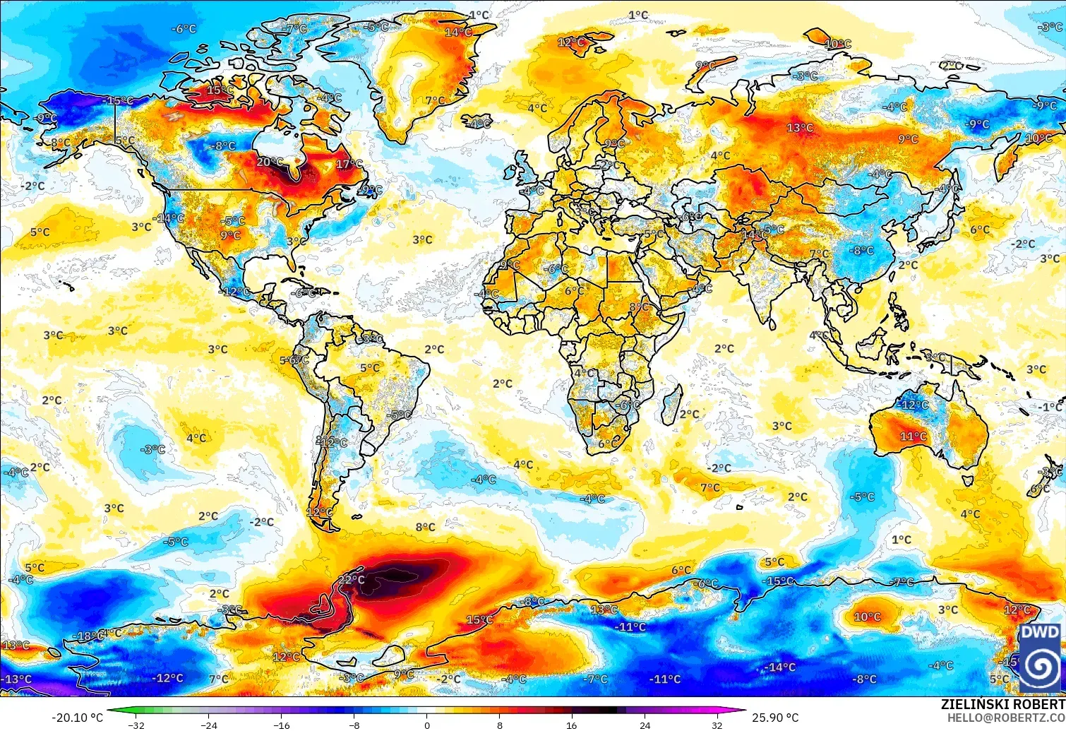 ICON modelo - Mundo, Anomalía de temperatura a 2 m