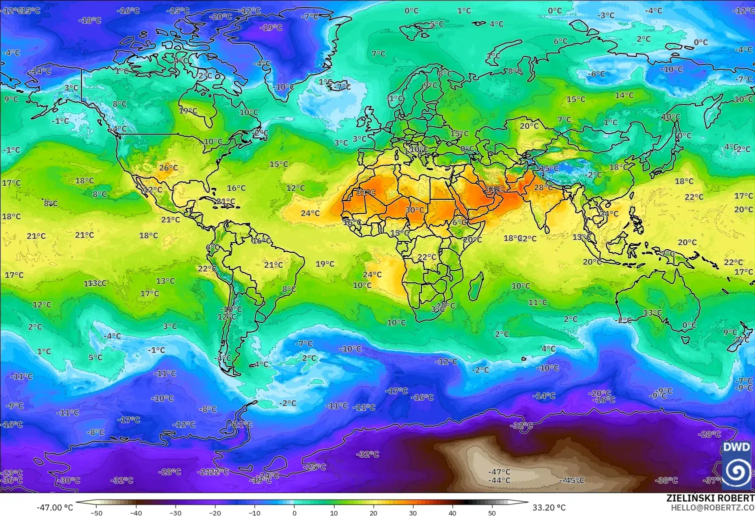 ICON modelo - Mundo, Temperatura a 850 hPa