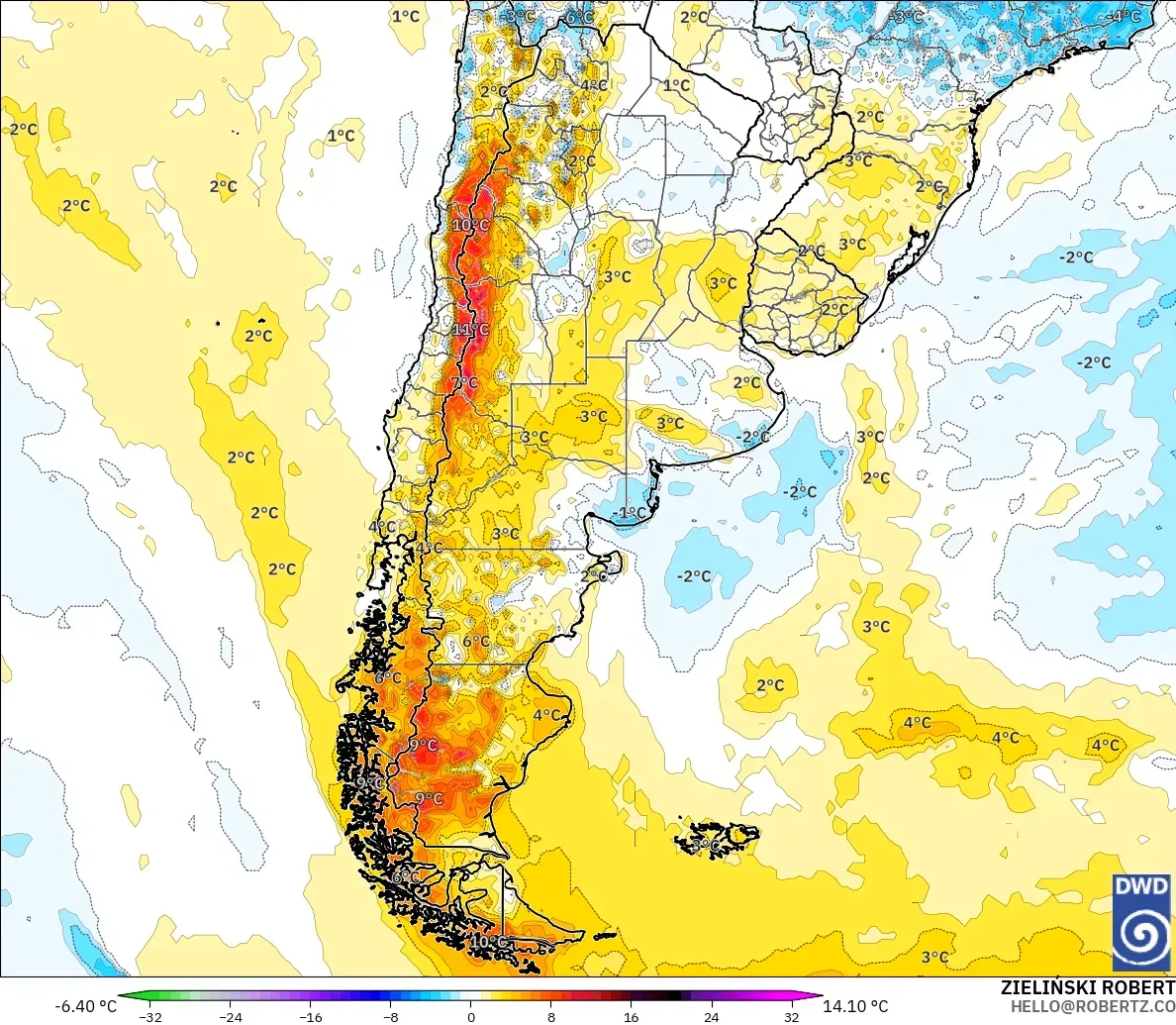 ICON modelo - Argentina, Anomalía de temperatura a 2 m