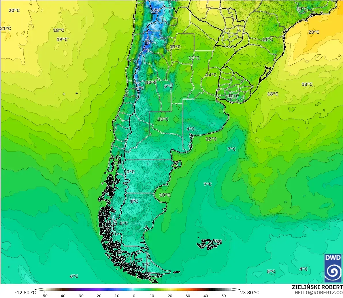 ICON modelo - Argentina, Temperatura a 2 m