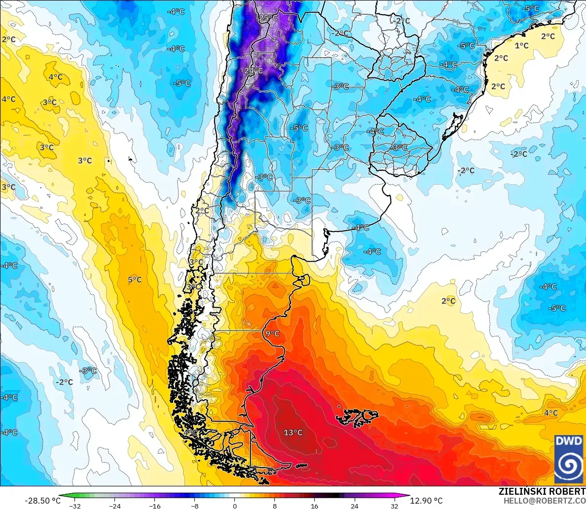 ICON modelo - Argentina, Anomalía de temperatura a 850 hPa