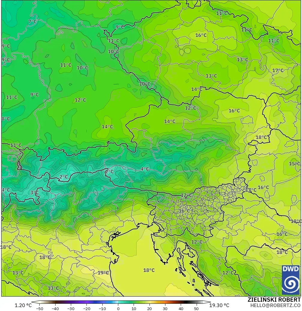 ICON modelo - Austria, Temperatura a 850 hPa
